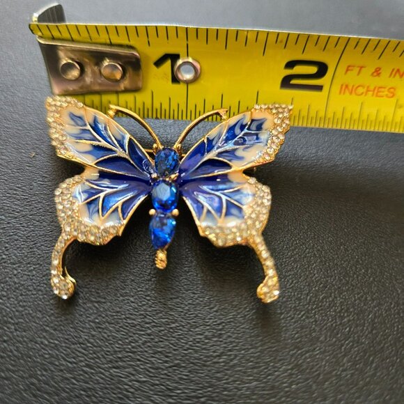 Blue Enamel Butterfly Brooch Rhinestone Gold Tone Pin Sparkly Costume Jewelry - Picture 5 of 7